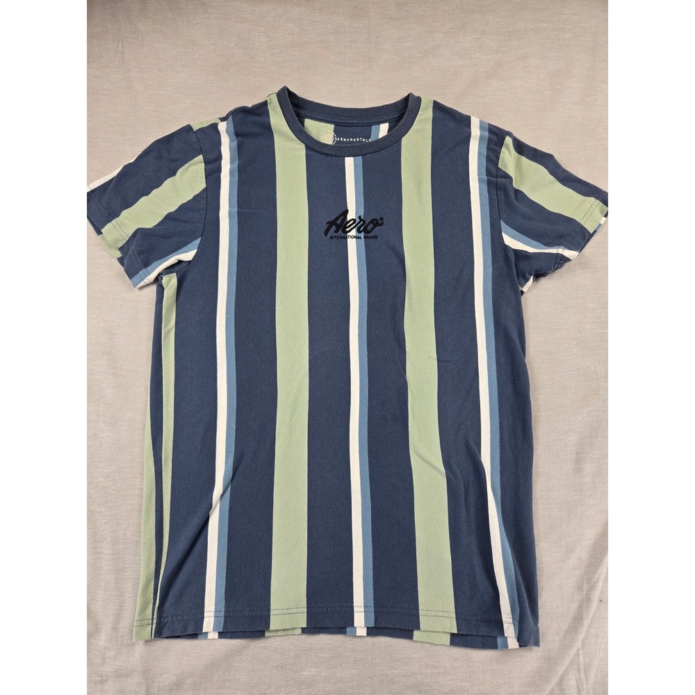 Aeropostale Mens Vertical Stripe Embroidered Logo T-Shirt Blue Green‎ Size M